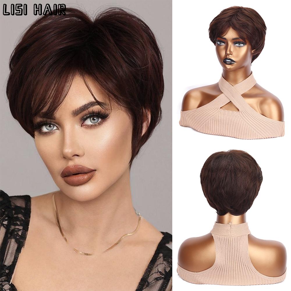 MISSQUEEN Synthetic Short Dark Red Hair Extensions High Temperature Wigs For Women Daily Use