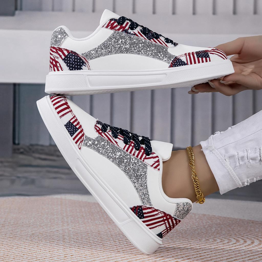 MCTIN White Shoes Women's PU Leather Sports Shoes Flats Black Sequined Sneakers Plus Size 35-42