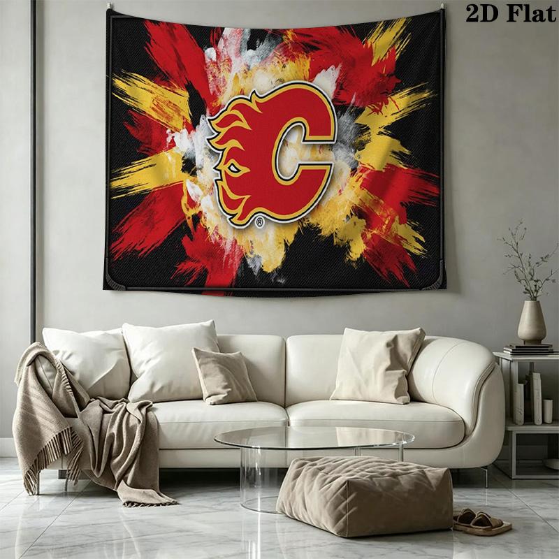 Calgary Flames Logo Wall Tapestry Aesthetic Wall Hanging Printed Fabric Blanket Decorative Tapestries for Bedroom Living Room Home Decor