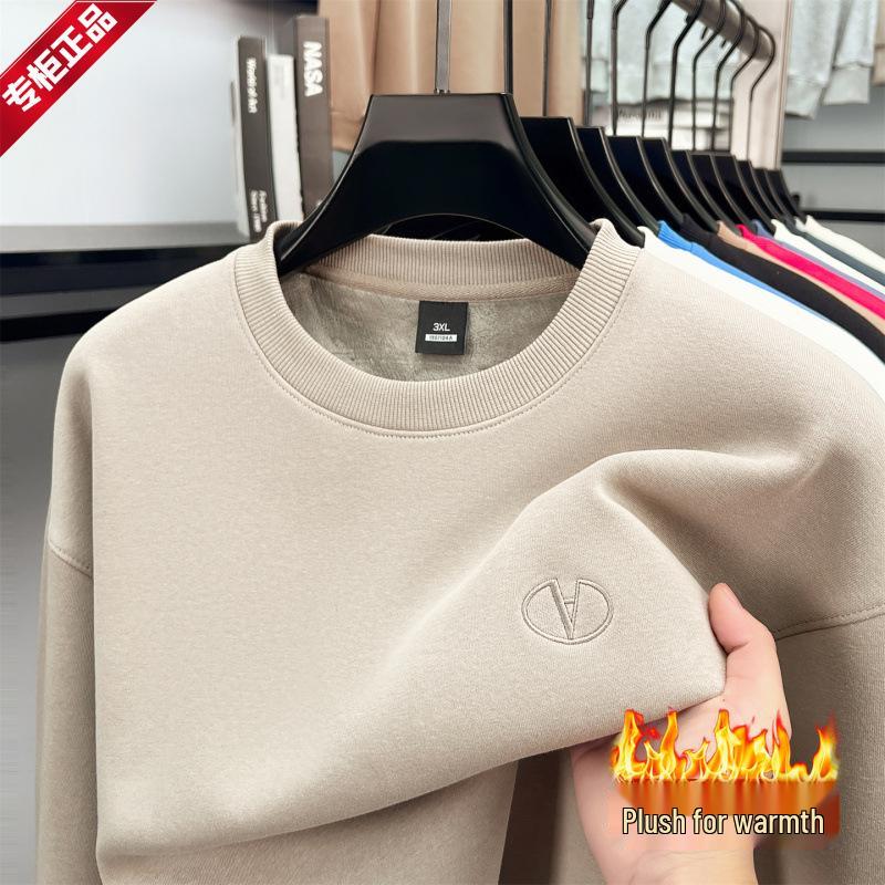 High-End Men's Royal Blue Embroidered Sweatshirt, Round Neck, Velvet-Lined for Autumn/Winter Warmth