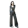 Pure Desire V-neck Sexy Lace Inner Bottoming Shirt for Women Autumn and Winter New Style High-end Slim Gray Long-sleeved Top