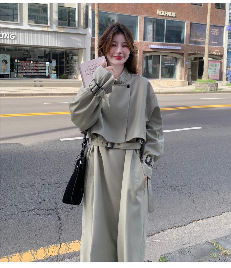 Women's Korean-Style Gray-Green Windbreaker Jacket, Autumn 2024 High-End Mid-Length Coat
