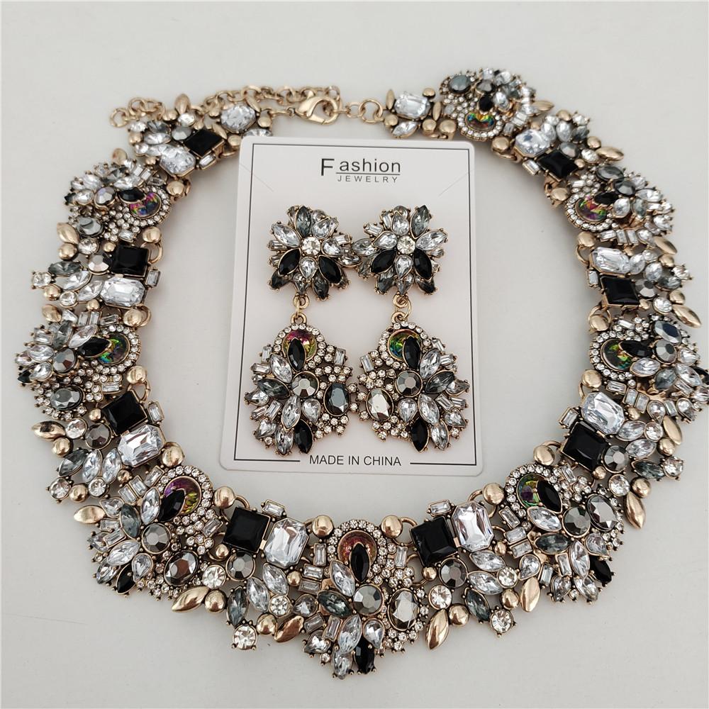 2026 New Fashion Crystal Rhinestones Large Collar Choker Necklace Earrings Women Jewelry Sets Indian Statement Wedding Necklace