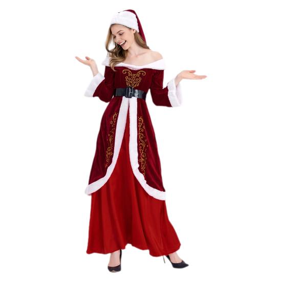 Женское рождественское платье Санта-Клауса с открытыми плечами, цветное ретро-платье в стиле Yoyal с поясом и шляпой, праздничный костюм для выступлений и вечеринок