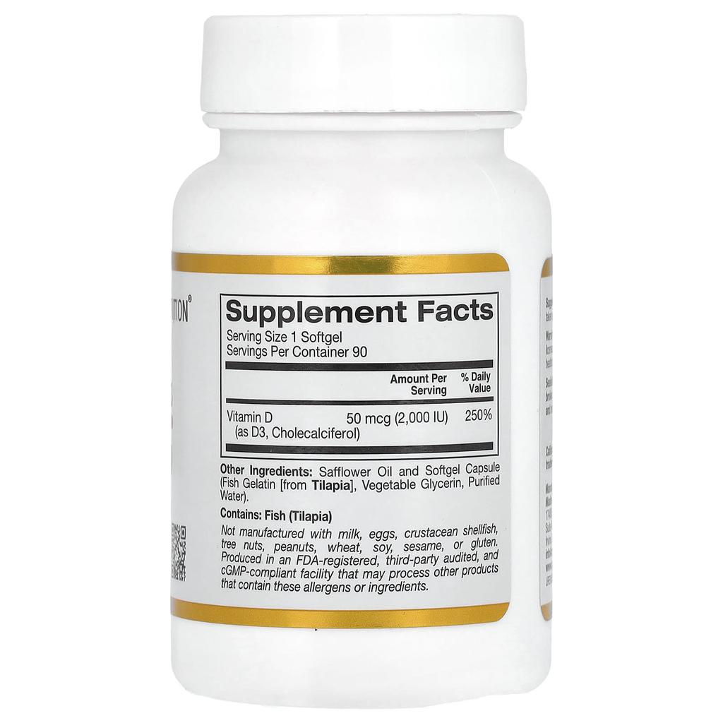 California Gold Nutrition, Витамин D3, 50 мкг (2000 МЕ), 90 капсул из рыбного желатина