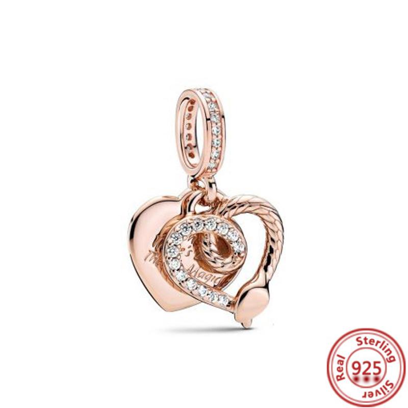 Hot Sale Rose Gold Series Pink Zircon Leaves Heart Pendant Sparkling Clip Bead Fit Charm Bracelet DIY S925 Silver Jewelry