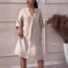 Women's Cotton Linen Solid Color Casual V-neck Elegant Long Casual Dresses
