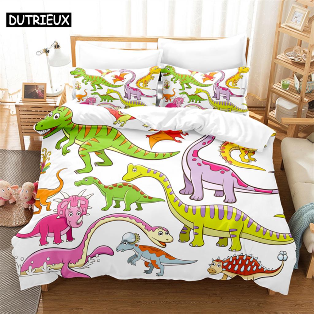 3D Digital Printing Fashion Design Cartoon Dinosaur Bedding Set, Queen Size Duvet Cover Set