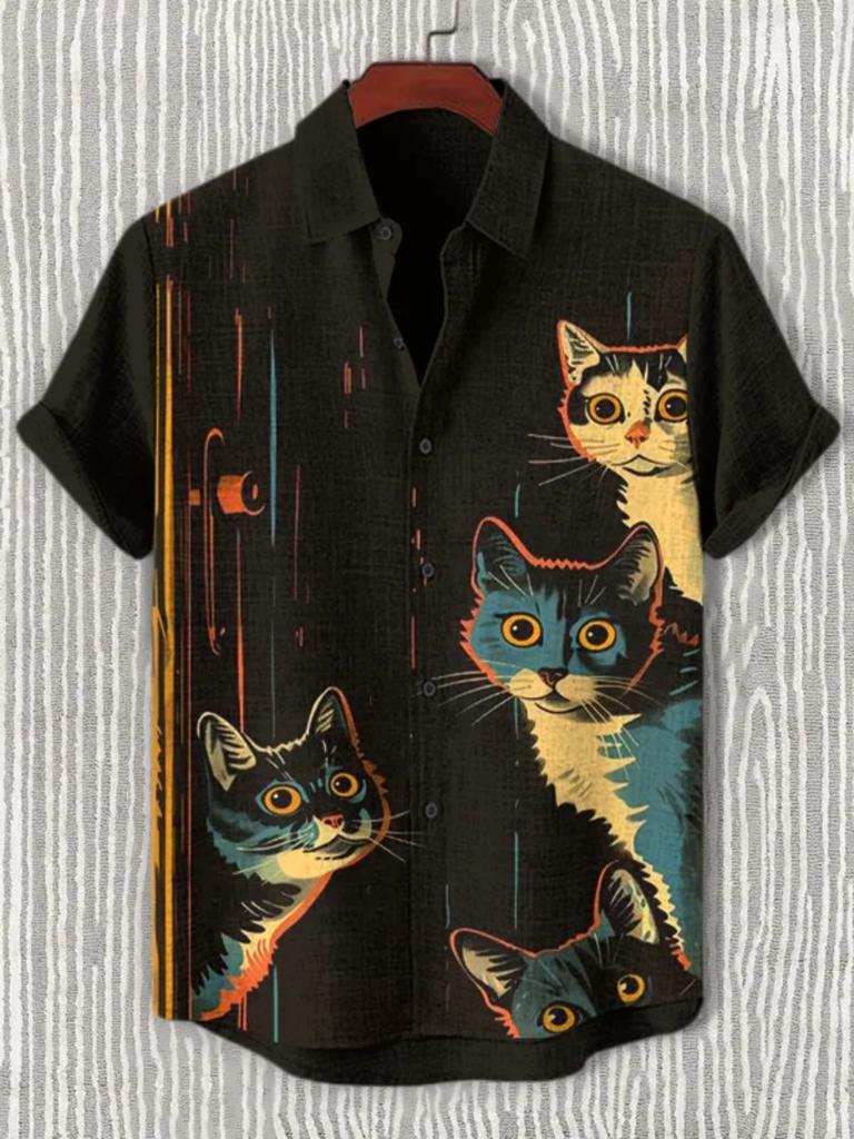 Летние мужские рубашки с короткими рукавами в стиле ретро с рисунком в стиле аниме и кошек, топы с короткими рукавами, модные повседневные рубашки для отдыха и улицы для мужчин