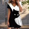 Летняя мода женские V-образный вырез короткий рукав черный кот принтованное платье сексуальные короткие юбки платья