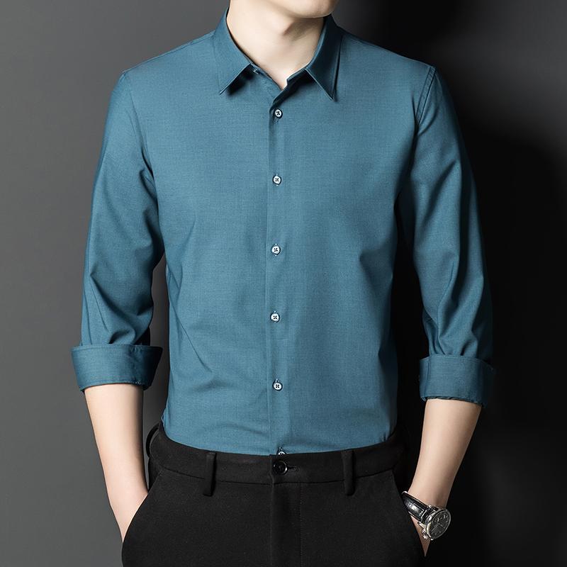 Однотонная мужская формальная рубашка из бамбукового волокна с длинным рукавом, удобная деловая посадка обычного кроя с передним карманом