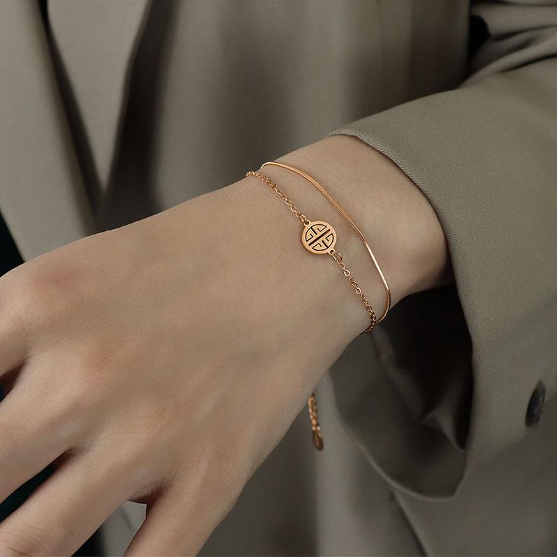 Элегантный двухслойный браслет-змейка в китайском стиле, дизайн из 18-каратного золота и титановой стали для женщин