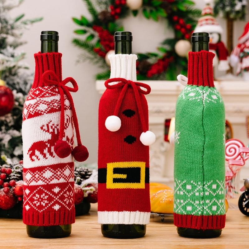 3-piece Festival Snowflake Knits Чехлы для винных бутылок Покрытие для винных бутылок Для рождественского празднования Фестивальное платье для вина