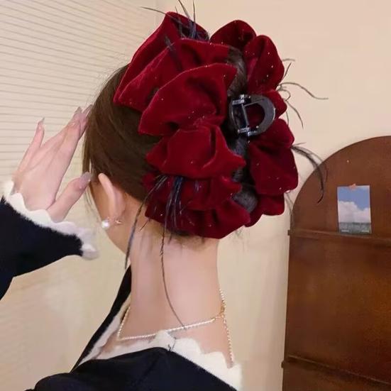 Women Hair Claw Large Pleated Velvet Multi-Layered Bowknot Decor Versatile Hair Clamp
