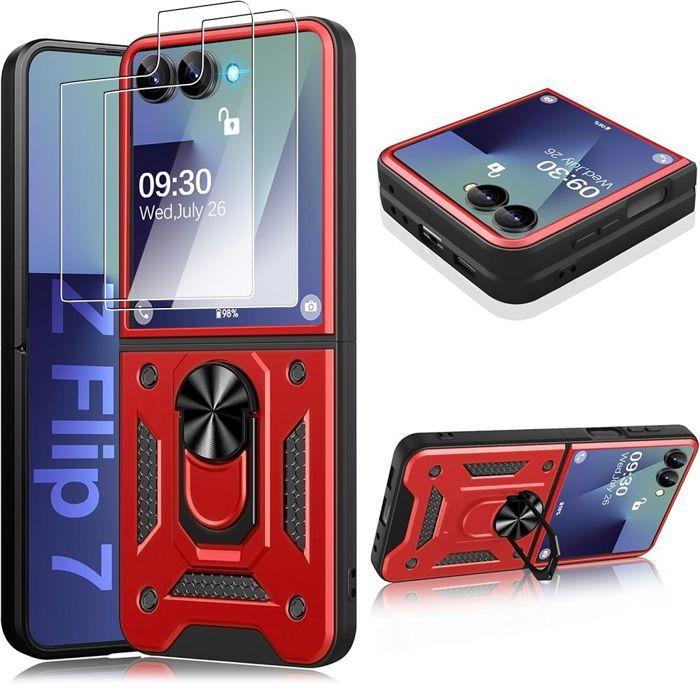 Protective Case - BOOLING - for Samsung Galaxy Z Flip 7 - Rigid Shockproof - Red - 2 Tempered Glass