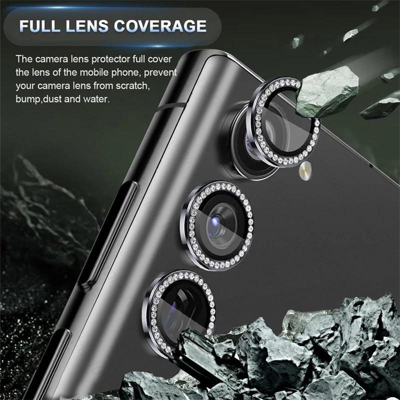 1 Set For Samsung Galaxy S24 S23 Ultra S24 S23 Plus Bling Glitter Diamond Metal Camera Lens Protector Ring with Tempered Glass