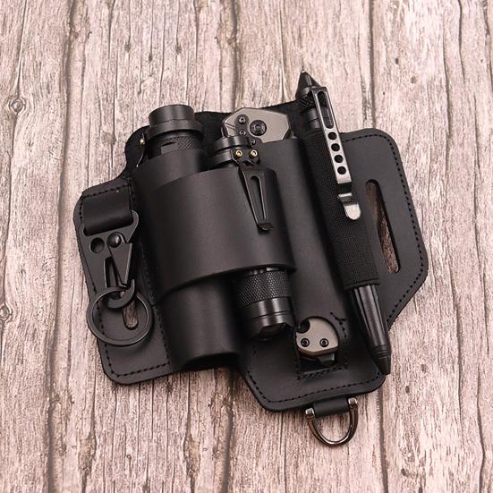 Multitool Belt Sheath Faux Leather EDC Belt Organizer 3 Pockets Belt Pouch with Flashlight Holder Pen Holder Keychain Clip for Men