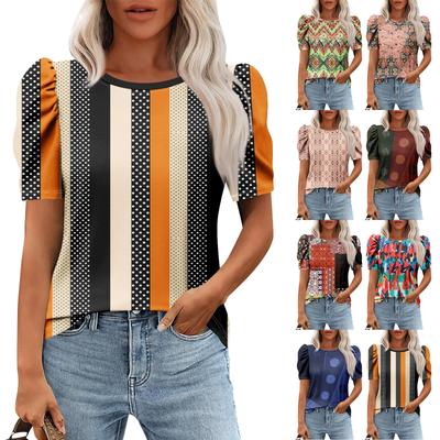 Женские повседневные топы с коротким рукавом и круглым вырезом с принтом, туники, рубашки, летняя одежда