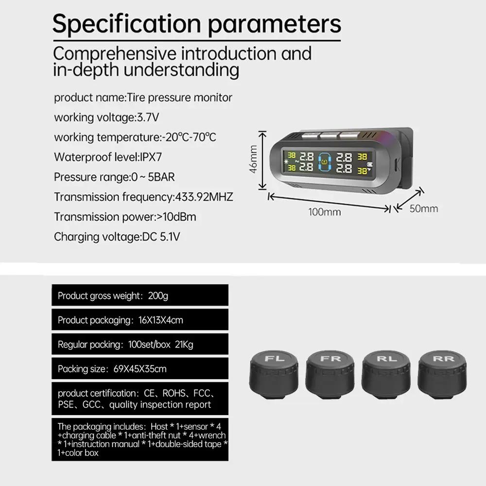 Интеллектуальная система контроля давления в шинах TPMS, 4 внешних датчика, дисплей, интеллектуальное предупреждение о температуре и давлении в шинах на солнечной батарее