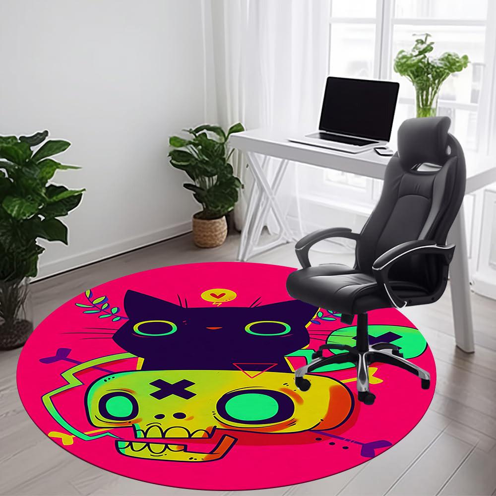 1pc Cat Skull Office Round Area Rug, Under Office Chairs Bedroom Living Room Home Decor, Room Deco