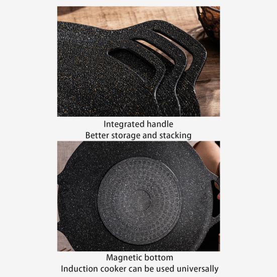 Yousheng Korean BBQ Grill Pan Non-stick Round Baking Pan for Indoor Cooking Barbecue Tray with Handles Cast Iron Frying Pan for Home Camping