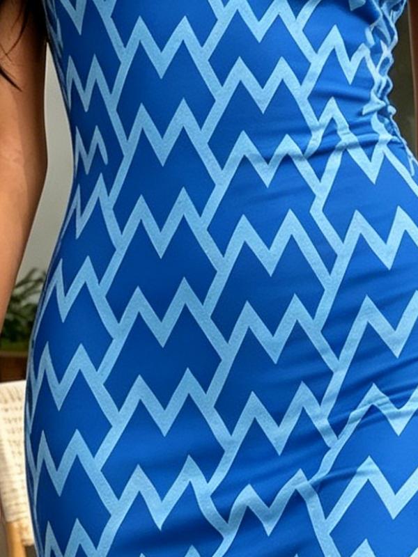 Summer Women's One Shoulder Midi Dress Chevron Print Blue Bodycon Sundress