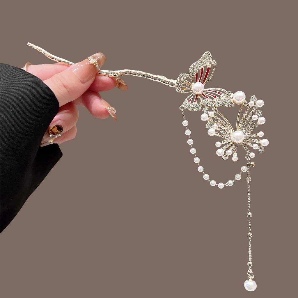 Exquisite New Chinese Style Butterfly Tassel Hairpin Antique Style Rhinestones Pearl Hair Stick Decor Women's Hair Accessories