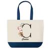 Sac Shopping - PLANETEE - Clotilde - Fond Bleu - Motif Lettre Fleur - Coton 40x45 Cm