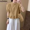 Women Casual Ruffled Round Neck Summer Short Puff Sleeve Pleating Blouse