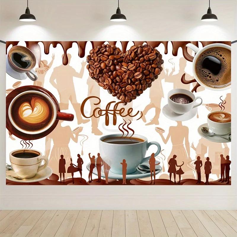 A party banner with a chocolate color background and featuring coffee beans made of polyester material.
