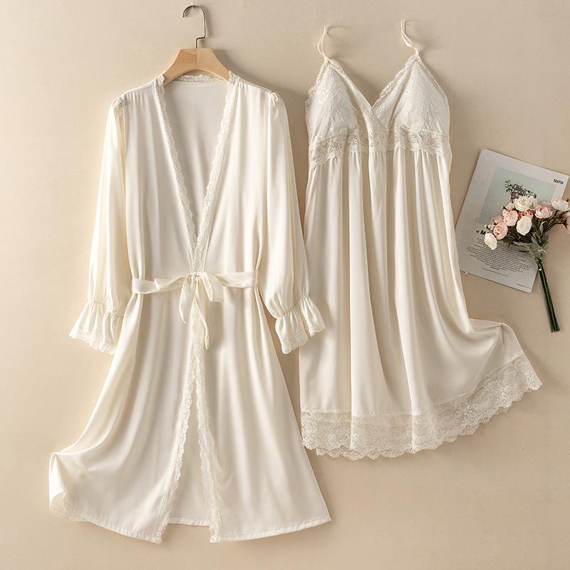 Женский комплект из 2 предметов: Халат и Ночная сорочка, Пижама, Сексуальный, С кружевной отделкой, Банный халат, Халат, Ночная сорочка, Летний, Последний, Свободный, Шелковый сатин, Домашняя одежда, Одежда для отдыха