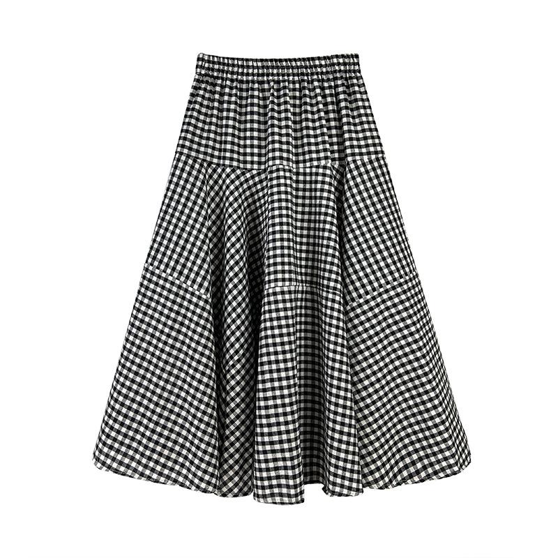Plus Size Spring Summer Women's High Waist Casual Cotton Vintage Plaid Skirt Mid-length A-line Hip Skirt