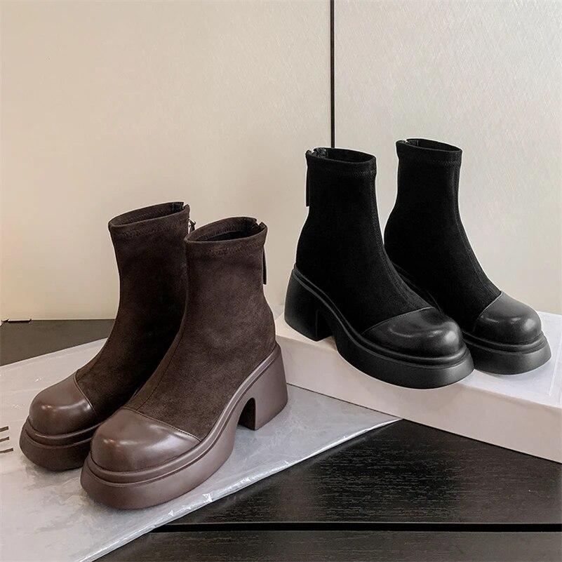FOREADA Женские ботильоны с круглым носком, на платформе, на толстом высоком каблуке, на молнии, короткие ботинки, лаконичная женская модная обувь, зимние, черные, коричневые, 43