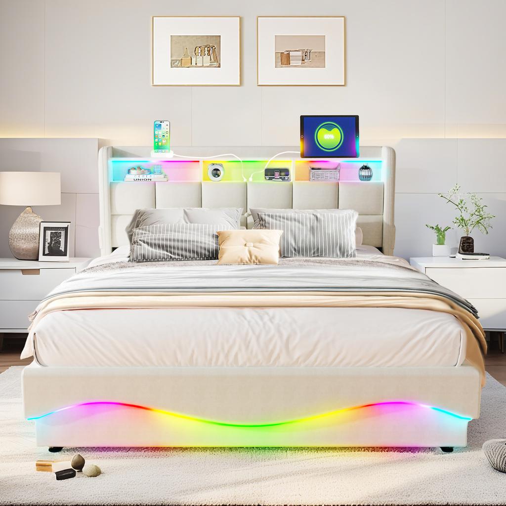 Upholstered Platform Bed RGB LED Light Hydraulic Gas Lift Storage Headboard Shelf USB Type-C Charging Station Modern Bed Frame