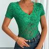 Elegant Women'S Red Lace V-Neck Short Sleeve Top Stretchy Form-Fitting Perfect for Spring & Summer Casual Wear Floral Print Top