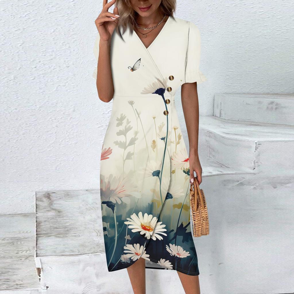 Пляжные платья для женщин, весна-лето, элегантное платье с запахом и V-образным вырезом в стиле бохо, струящееся гавайское платье макси с рюшами