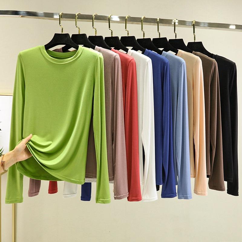 Модальная однотонная базовая футболка с круглым вырезом и длинными рукавами, женские осенние футболки, универсальные футболки, майка больших размеров