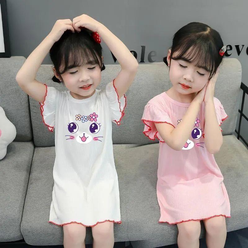Summer Ice Silk Girls Nightgown Thin Breathable Princess Kids Home Wear Baby Air Conditioner Pajamas