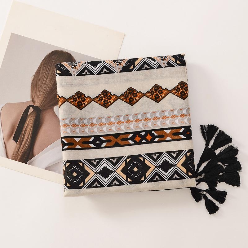 Beige Coffee Scarf Luxury Thin Womens Scarves Spring Floral Hijab Veils Soft Cotton Shawl Wrap Tassel Viscose Muslim Woman Hijab