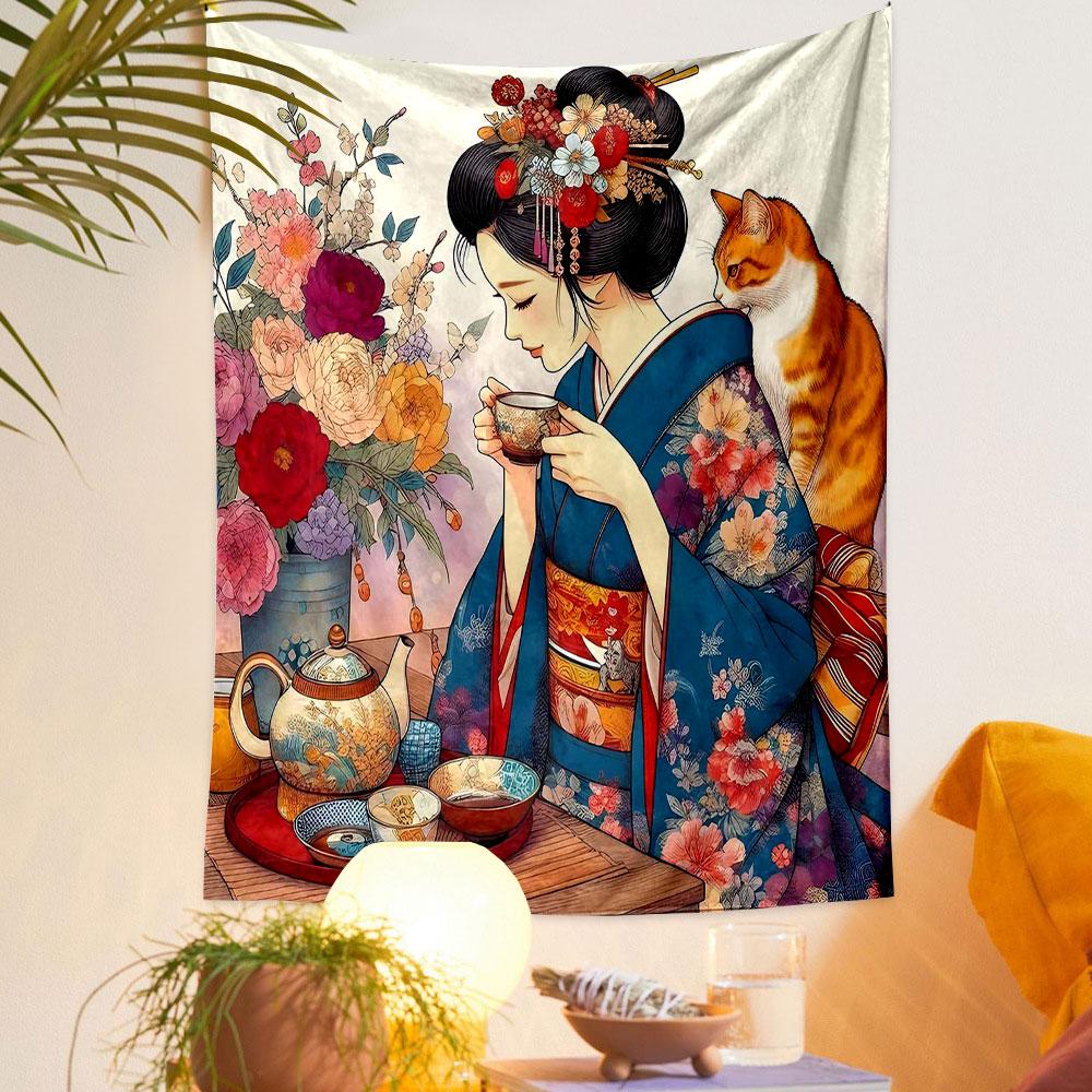 Tea Ceremony with Floral Elegance Patterned Tapestry Decorative Wall Hanging, Home Bedroom Living Room Decor