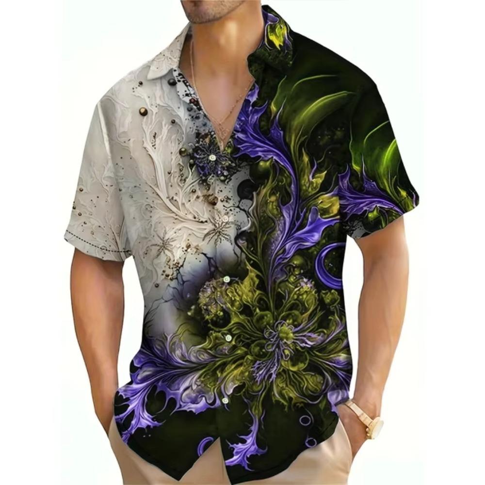 Hawaiian Style Shirt, Men's Short Sleeved Lapel, Retro Floral 3D Print, Block Color, Summer Vacation, Oversized Top