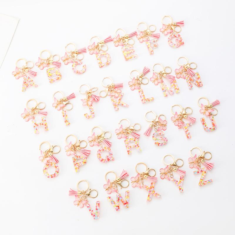 A-Z Dreamy Letters Keychain for Women Tassels Butterfly Pendant Initial Keyrings Purse Suspension Bags Car Key Chain Pink