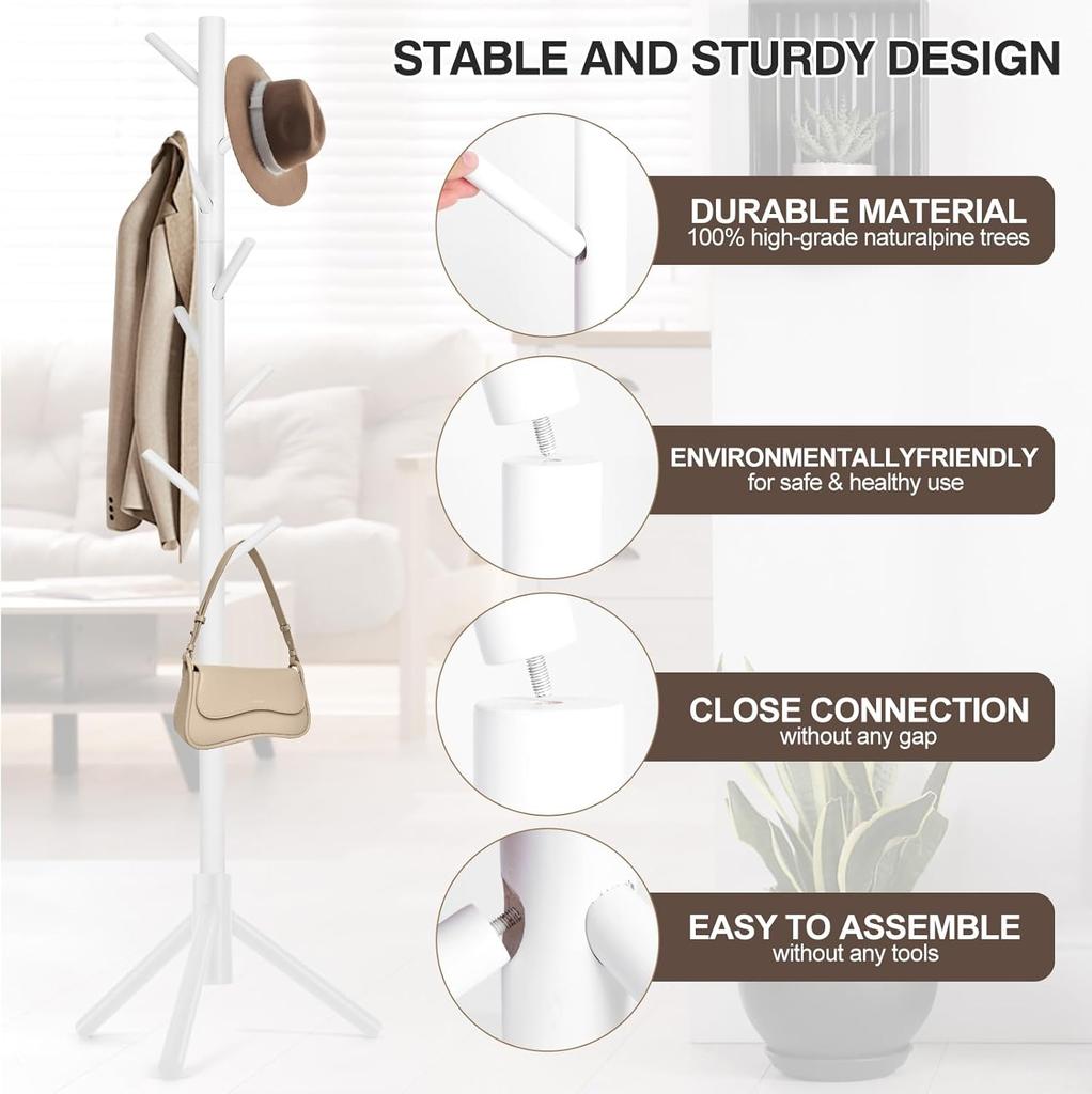 Вешалка для пальто, отдельно стоящая вешалка для пальто с 8 крючками и 3 регулируемыми по размеру вешалками для спальни, прихожей, офиса, шляп, пальто, шарфов, сумок