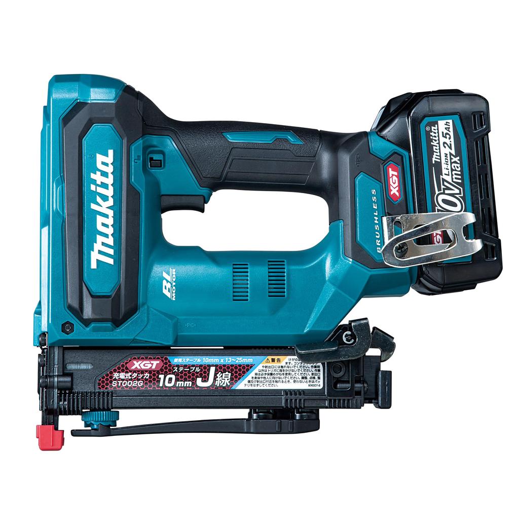 Makita 10-миллиметровый перезаряжаемый степлер с 2 аккумуляторами ST002GRDX 40 Вмакс. 2,5 Ач и футляром, зарядным устройством,