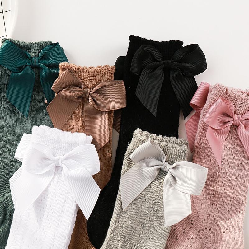 Летние детские чулки с бантом, тонкие дышащие детские сетчатые длинные носки, защита от комаров, детские сетчатые носки до колена, однотонные хлопковые носки