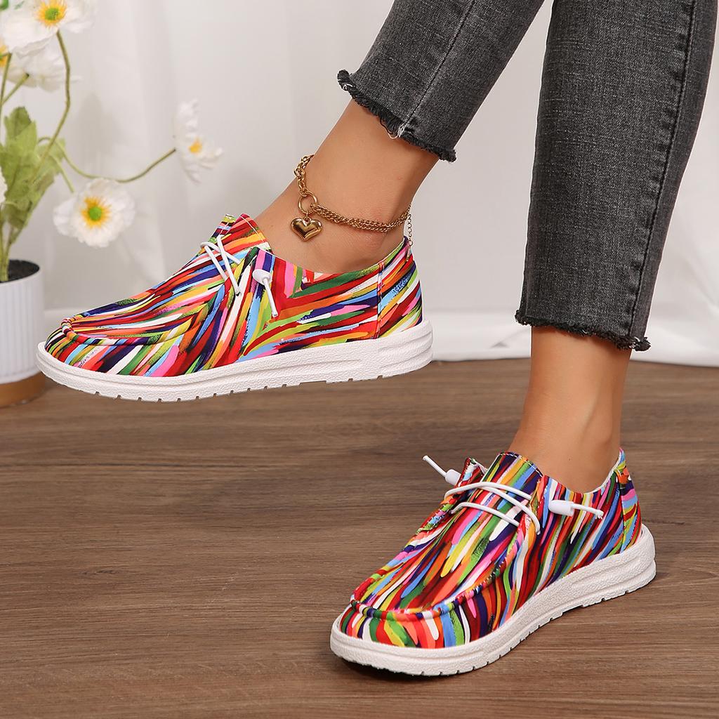 2024 Новые женские туфли из радужного холста, осенние новые повседневные женские туфли на плоской подошве с круглым носком, разноцветные кроссовки со шнуровкой и принтом
