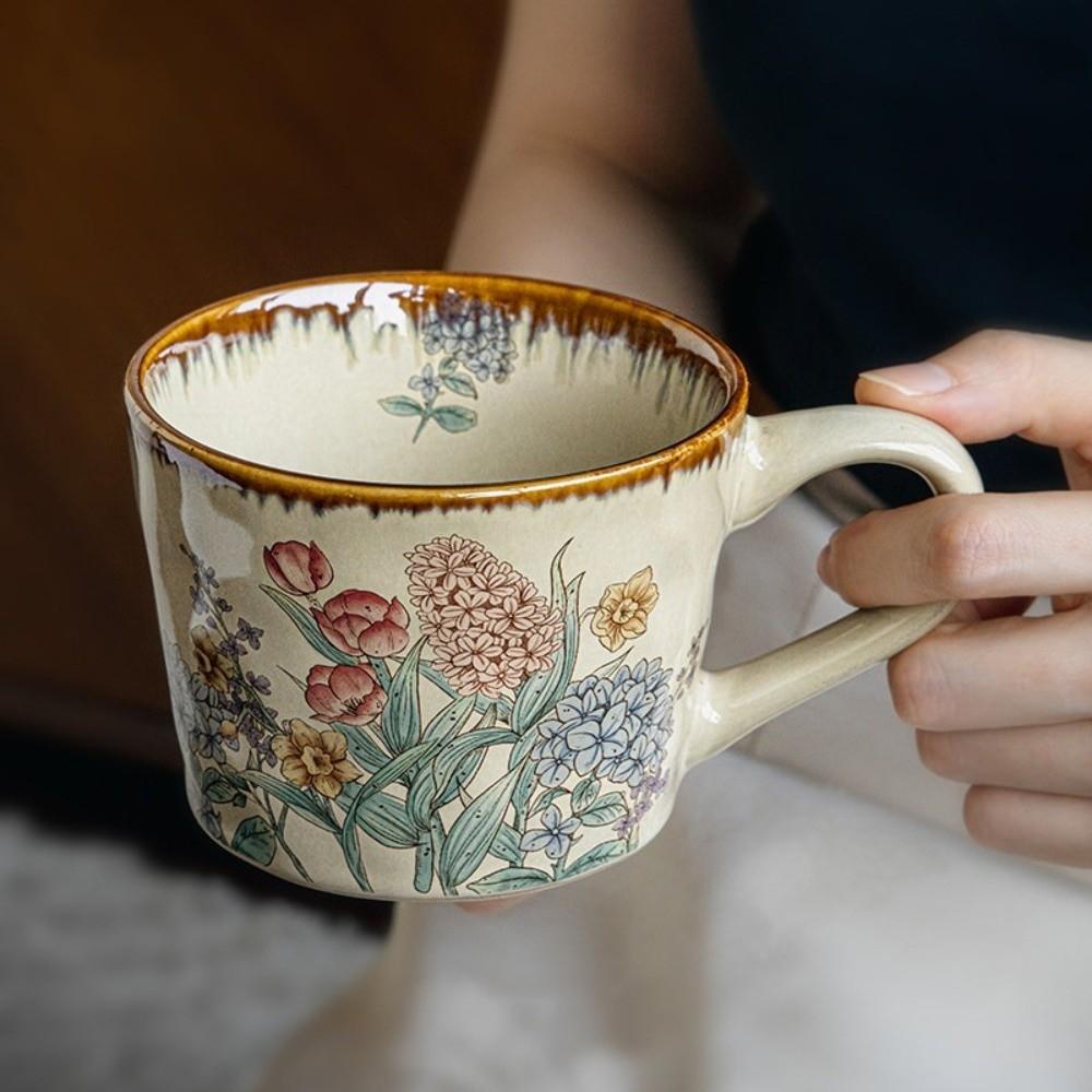 Floral Pattern Antique Style Mug Non-slip Milk Cup Decorative Ceramic Coffee Cup Travel