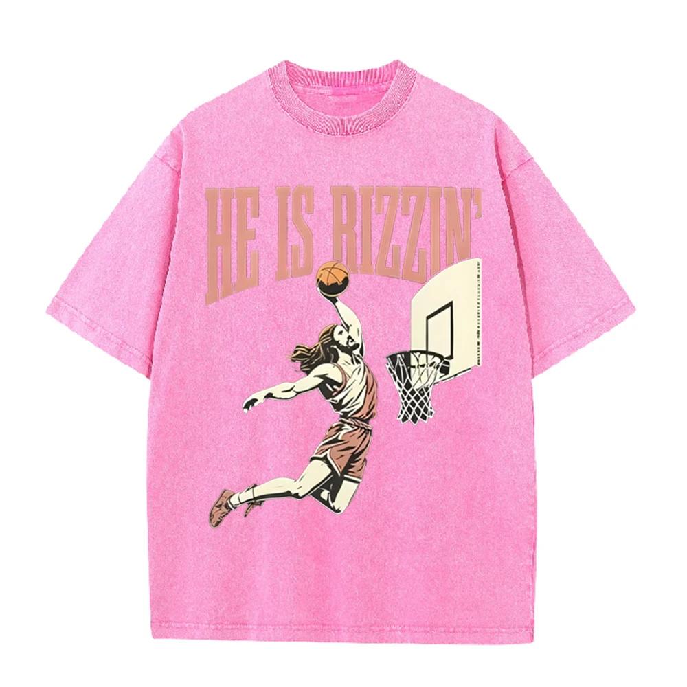 2026 He Is Rizzin Vintage Dunk Basketball Player Graphic Black Washed T Shirt Funny Sports Meme Casual Oversized Unisex Short Sl