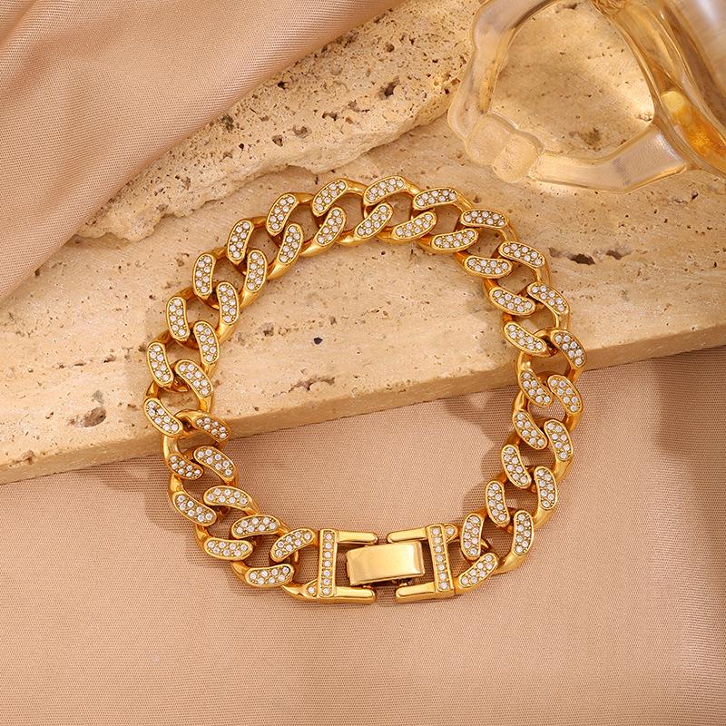 Женский браслет-кубинская цепь из титановой стали с покрытием из 18-каратного золота и инкрустацией бриллиантами - Роскошная европейская и американская мода