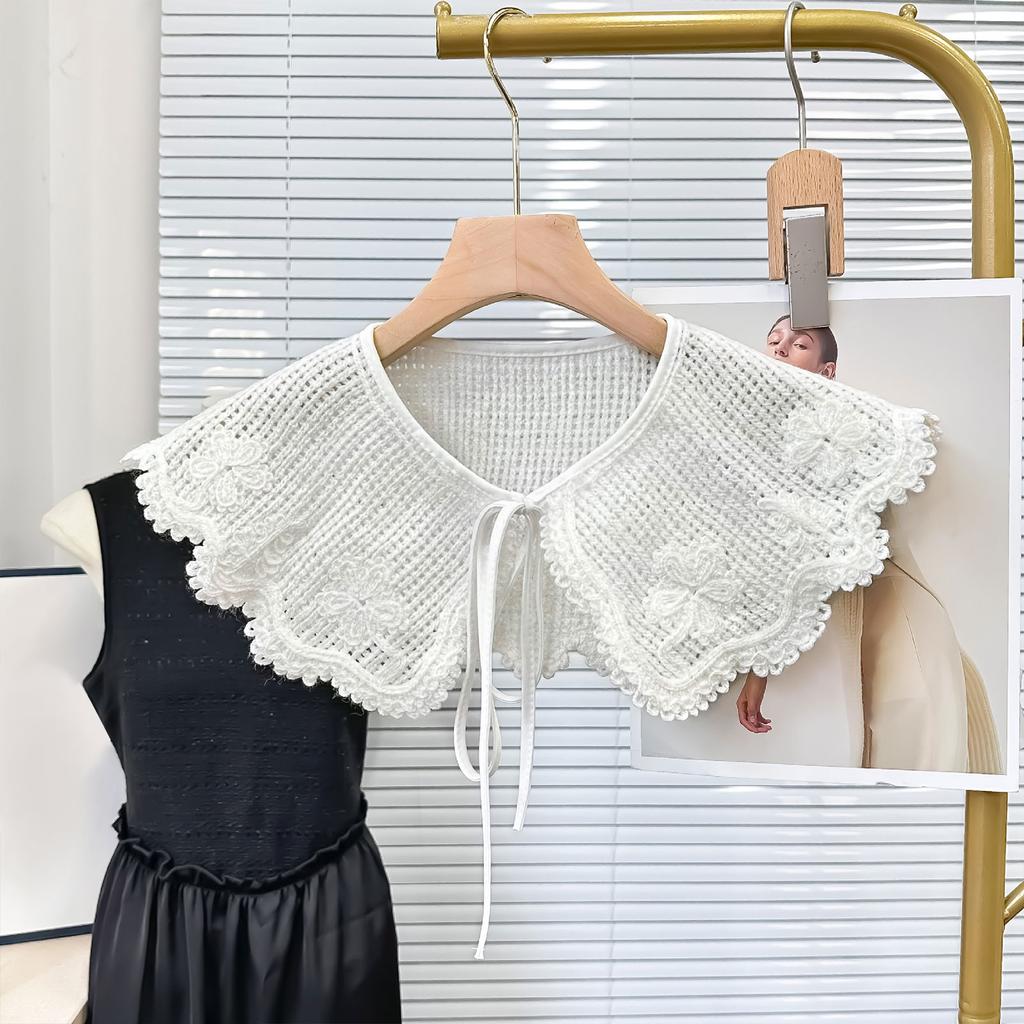 Elegant Detachable Shawl False Collar Hollowed Out Crochet Knit Woolen Flower Decorative Capelet for Collarless Dresses